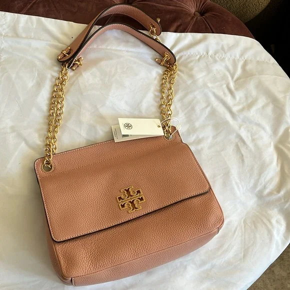 NWT TORY BURCH BRITTEN FLAP SHOULDER BAG IN PINK MOON, SOFT PEBBLED LEATHER